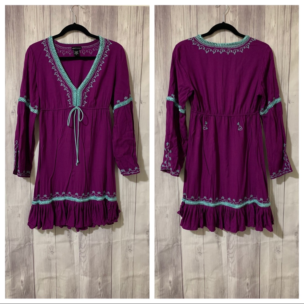 Moda International Purple Long Sleeve Embroidered Tunic Dress with Teal Trim